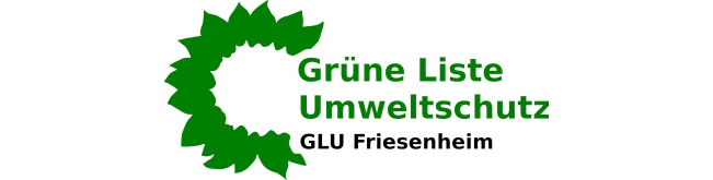 Logo: eine stilisierte Sonnenblume, innen weiß, Blütenblätter in grün, rechts offen. Rechts von der Sonnenblume "Grüne Liste Umweltschutz / GLU Friesnenheim