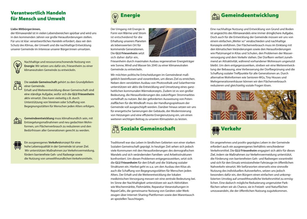 Wahlflyer mit Texten zu "Verantwortlich Handeln für Mensch und Umwelt", "Energie", "Soziale Gemeinschaft", "Gemeindeentwicklung" und "Verkehr". Inhaltlich wie Text oberhalb dieser Bilder.