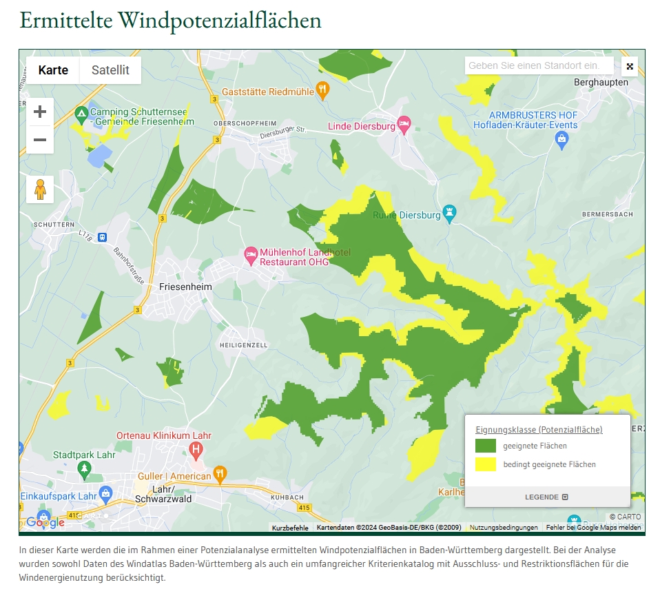 Screenshot eines Landkartenausschnitts der Gemeinde Friesenheim und Umgebung. Es sind grüne und gelbe Flächen eingezeichnet. Grün entspricht den geeigneten Flächen, gelb den 'bedingt geeigneten Flächen' der Potenzialflächen.